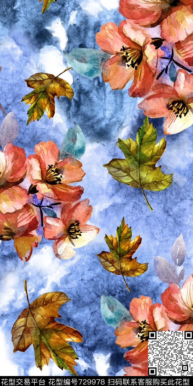 大花花朵花卉数码印花华亿平台下载（图片编号: 729978） - 瓦栏（Walan）