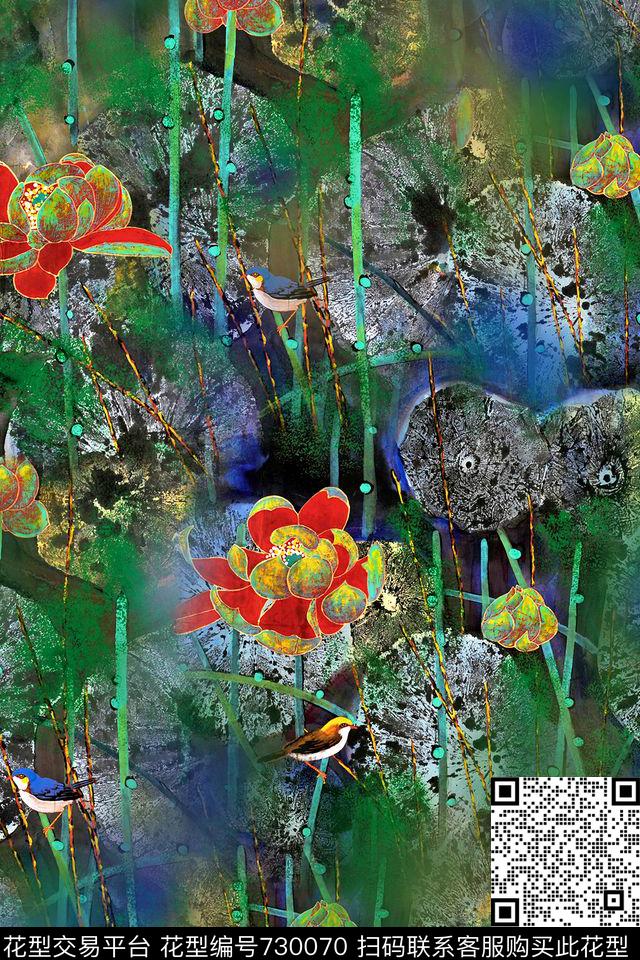 中国风水墨荷花数码印花华亿平台下载（图片编号: 730070） - 瓦栏（Walan）