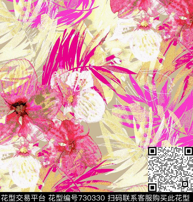 乱花棕榈叶热带数码印花华亿平台下载（图片编号: 730330） - 瓦栏（Walan）