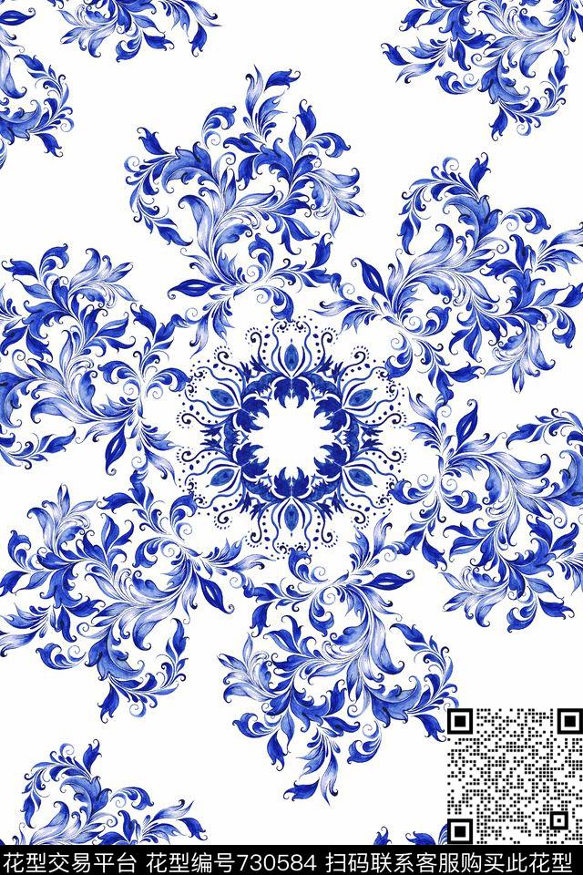 小清新民族风青花瓷传统印花华亿平台下载（图片编号: 730584） - 瓦栏（Walan）