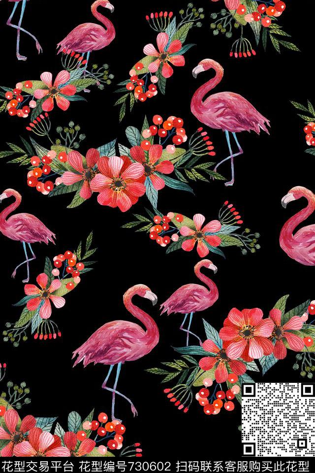 花卉火烈鸟花鸟数码印花华亿平台下载（图片编号: 730602） - 瓦栏（Walan）