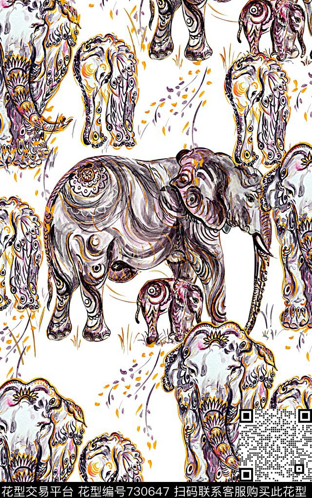 抽象手绘水彩画动物纹大象数码印花时尚潮流女装裙子长裙纹理草卷印花春夏清爽雪纺真丝棉丝巾布料印花数码印花华亿平台下载（图片编号: 730647） - 瓦栏（Walan）