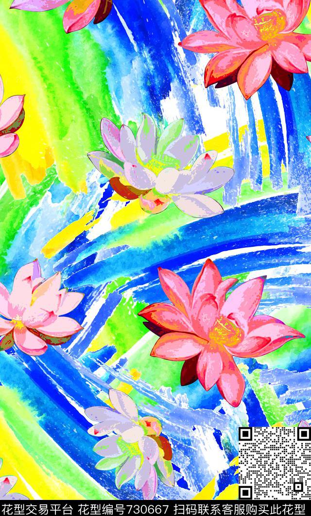 不定位丝巾女装家纺荷花花卉数码印花华亿平台下载（图片编号: 730667） - 瓦栏（Walan）