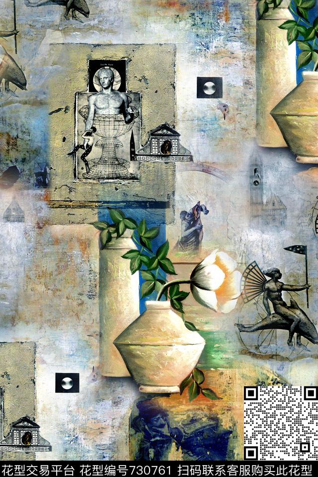 抽象复古花瓶数码印花华亿平台下载（图片编号: 730761） - 瓦栏（Walan）