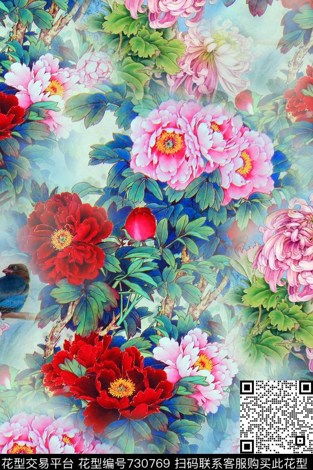 中国风花卉牡丹数码印花华亿平台下载（图片编号: 730769） - 瓦栏（Walan）