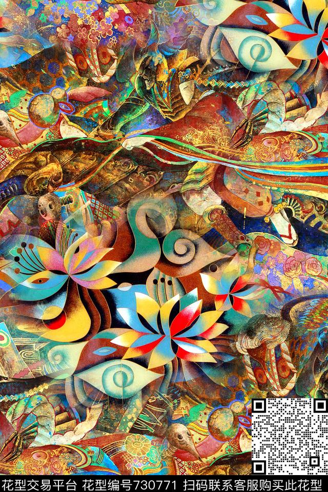 民族风花卉油画数码印花华亿平台下载（图片编号: 730771） - 瓦栏（Walan）