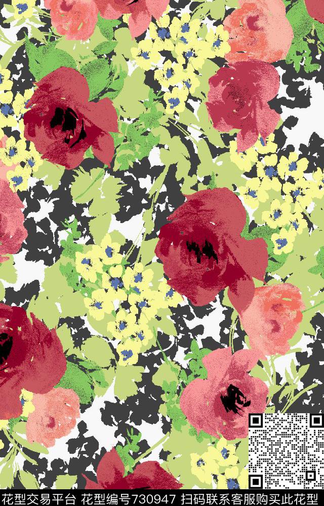 大花玫瑰花朵传统印花华亿平台下载（图片编号: 730947） - 瓦栏（Walan）