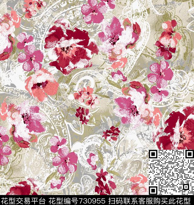 花卉大花乱花数码印花华亿平台下载（图片编号: 730955） - 瓦栏（Walan）