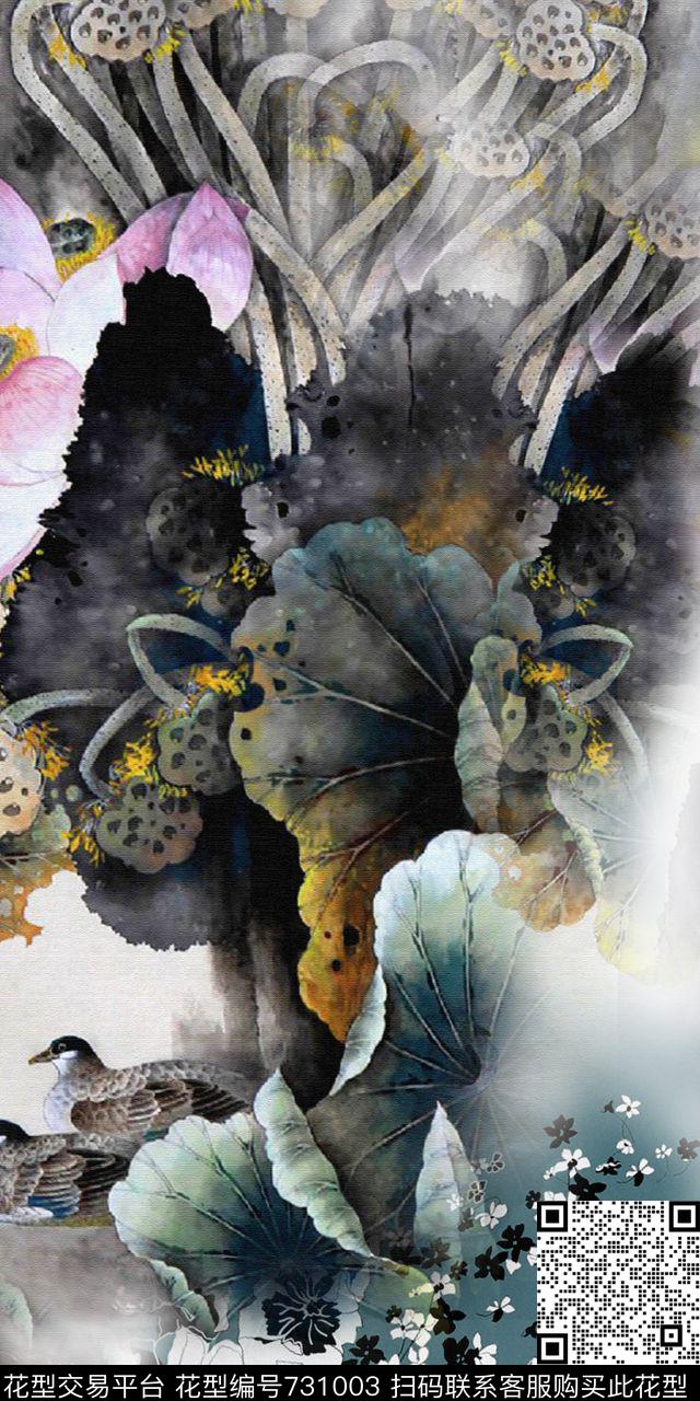 水墨花卉动物传统印花华亿平台下载（图片编号: 731003） - 瓦栏（Walan）