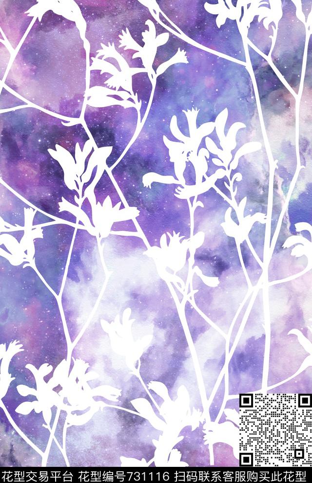 炫彩星空树枝剪影梦幻剪影花卉数码印花华亿平台下载（图片编号: 731116） - 瓦栏（Walan）
