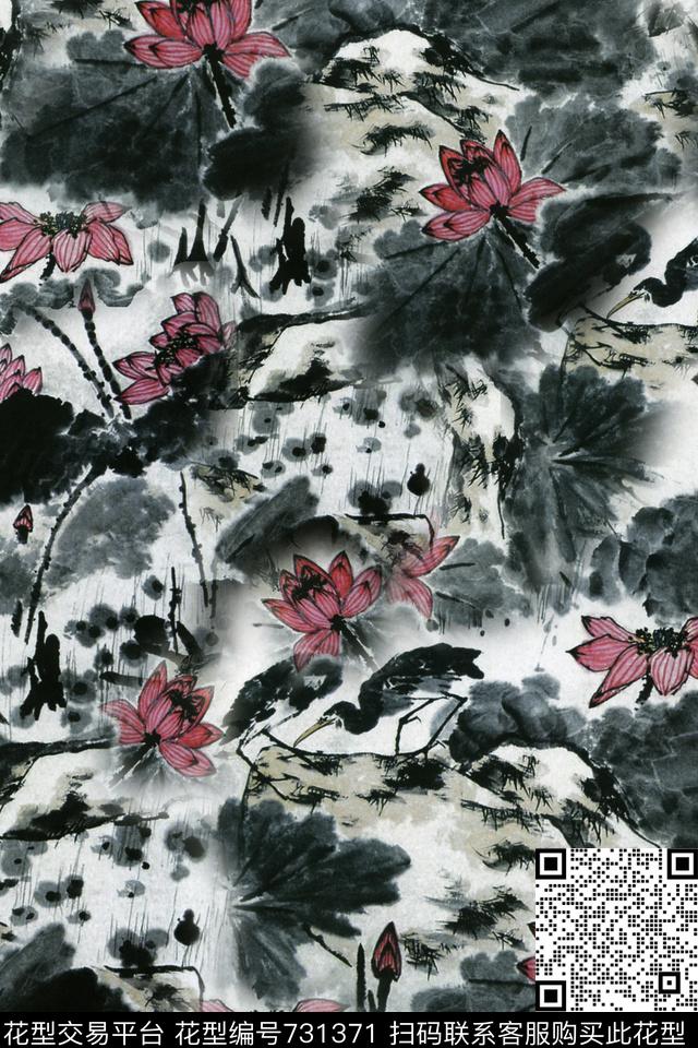 花卉荷花中国风水墨数码印花华亿平台下载（图片编号: 731371） - 瓦栏（Walan）