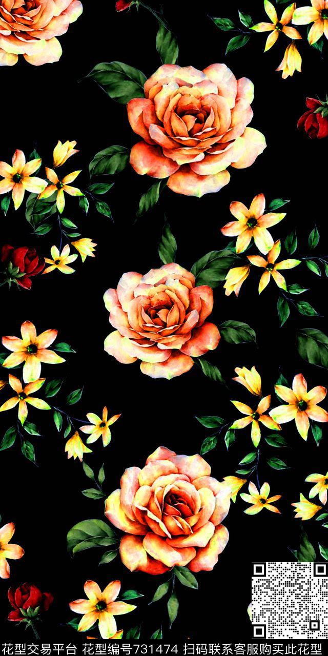 玫瑰乱花花朵数码印花华亿平台下载（图片编号: 731474） - 瓦栏（Walan）