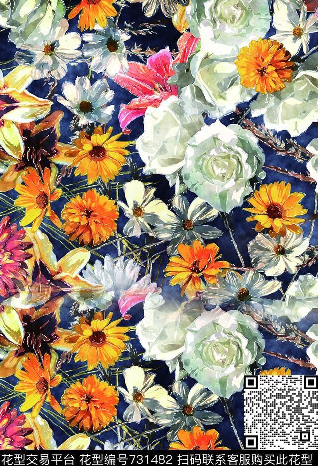 花朵香云纱兰花数码印花华亿平台下载（图片编号: 731482） - 瓦栏（Walan）