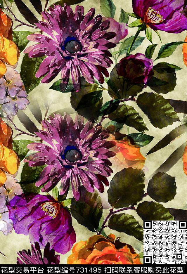 花朵香云纱兰花数码印花华亿平台下载（图片编号: 731495） - 瓦栏（Walan）