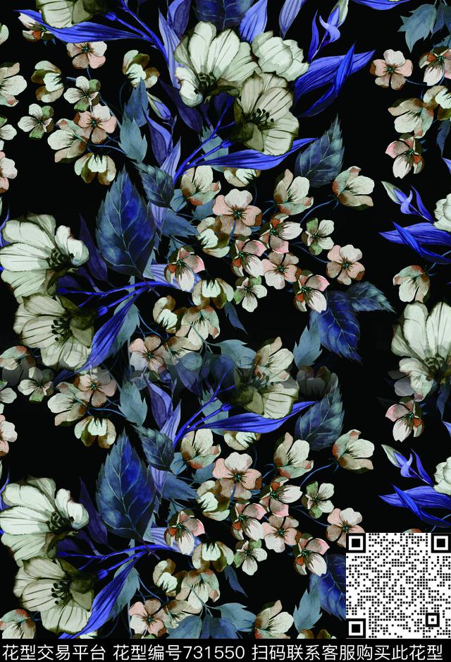 花朵香云纱兰花数码印花华亿平台下载（图片编号: 731550） - 瓦栏（Walan）