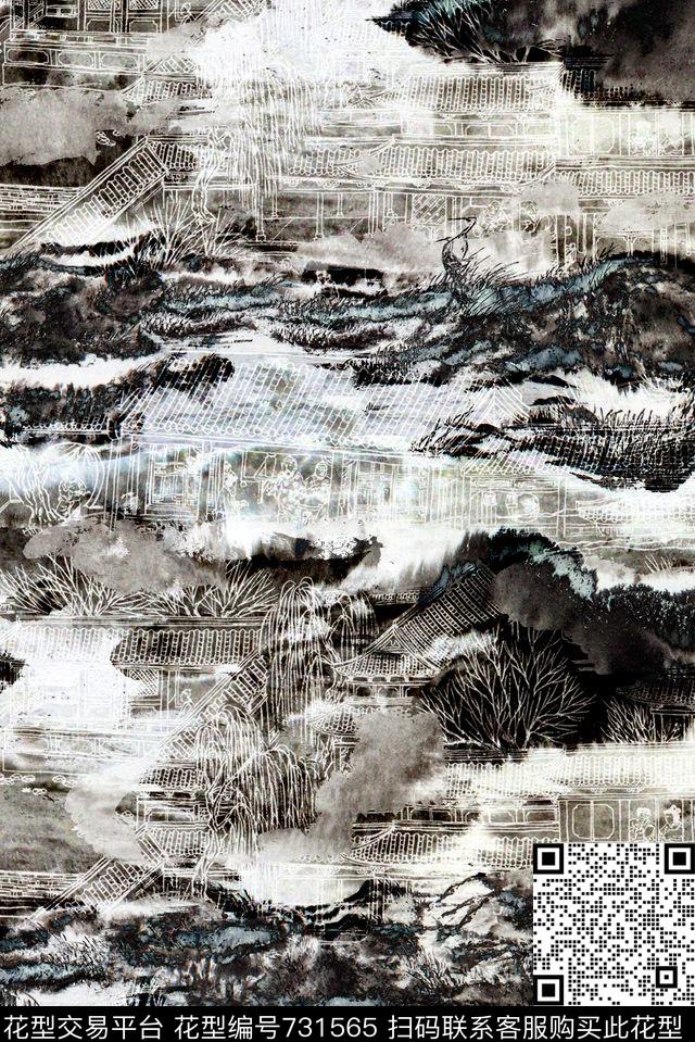 水墨艺术笔触中国风数码印花华亿平台下载（图片编号: 731565） - 瓦栏（Walan）
