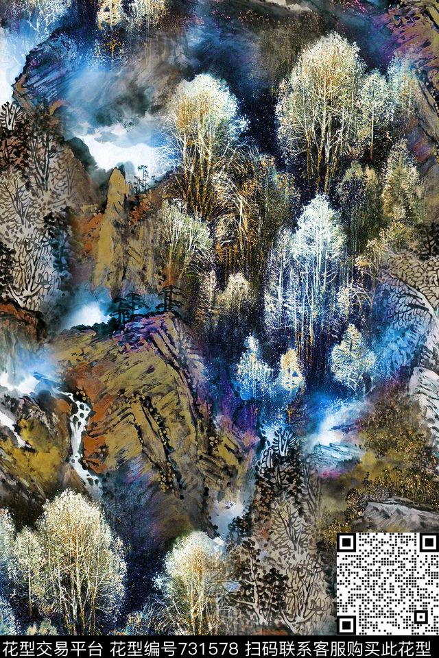 抽象油画树数码印花华亿平台下载（图片编号: 731578） - 瓦栏（Walan）