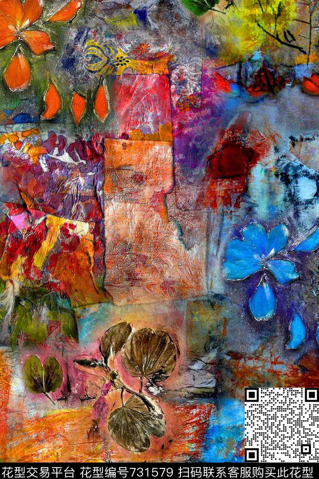 抽象油画花卉数码印花华亿平台下载（图片编号: 731579） - 瓦栏（Walan）