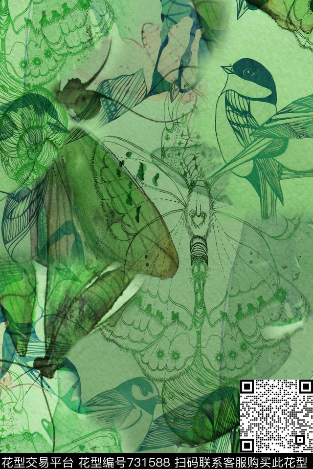 昆虫鸟蜜蜂数码印花华亿平台下载（图片编号: 731588） - 瓦栏（Walan）