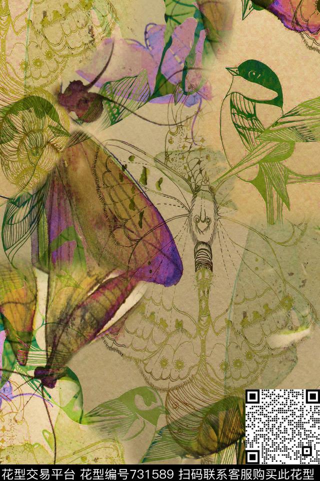 昆虫鸟蜜蜂数码印花华亿平台下载（图片编号: 731589） - 瓦栏（Walan）