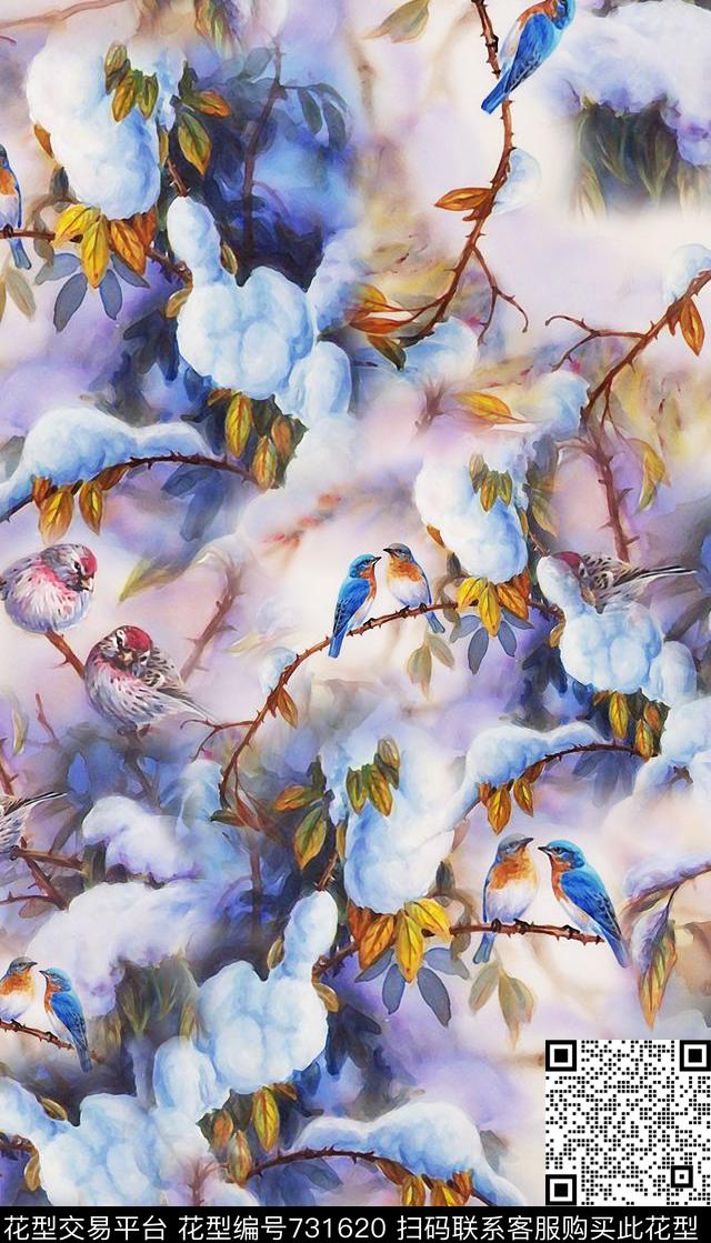 冬季雪景水彩画鸟女装秋冬数码印花华亿平台下载（图片编号: 731620） - 瓦栏（Walan）