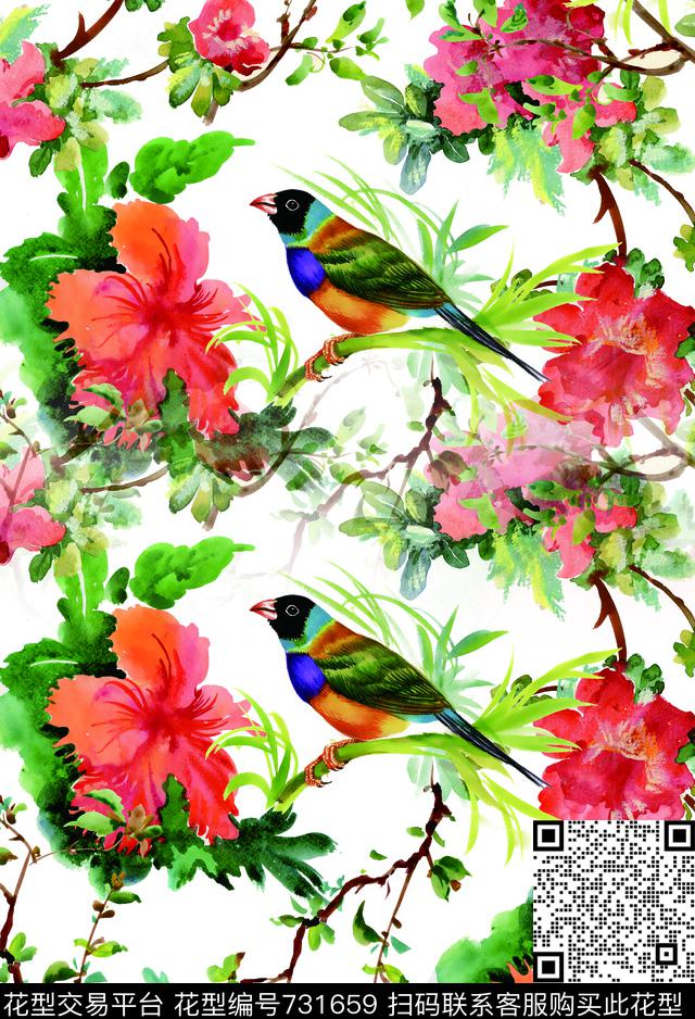 花鸟花瓣香云纱数码印花华亿平台下载（图片编号: 731659） - 瓦栏（Walan）