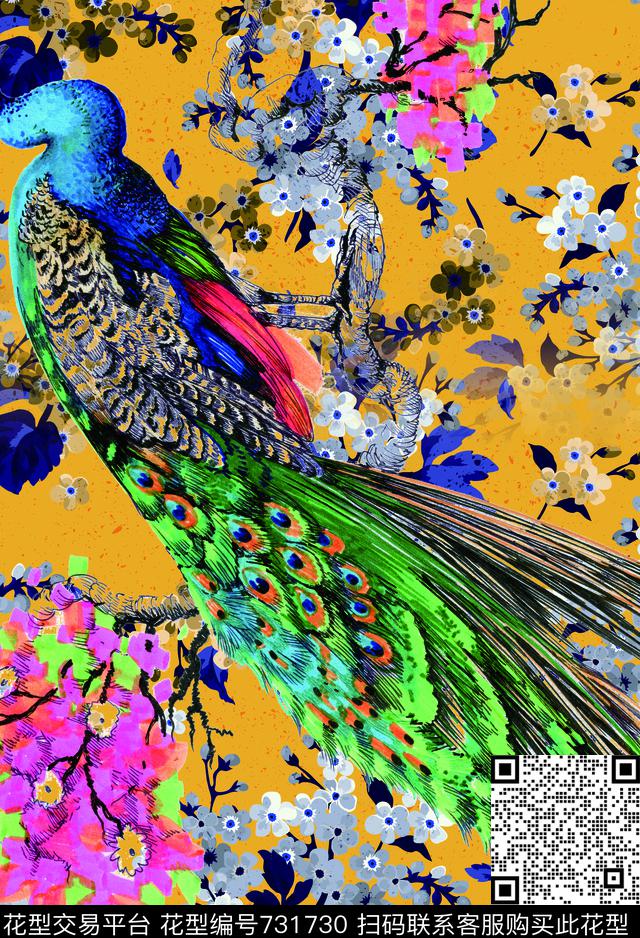 鸟花纹孔雀数码印花华亿平台下载（图片编号: 731730） - 瓦栏（Walan）