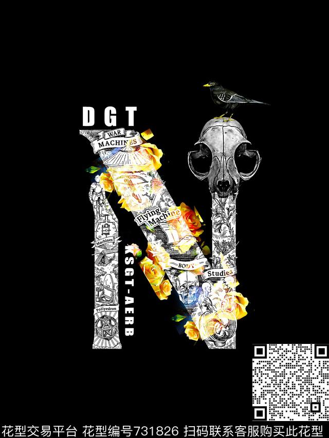 骷髅头花卉男装T恤华亿平台数码印花华亿平台下载（图片编号: 731826） - 瓦栏（Walan）