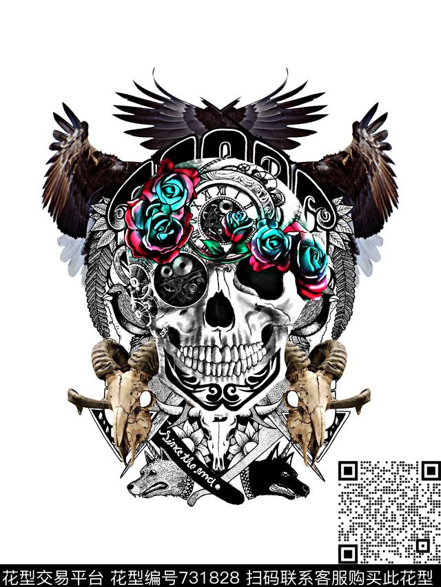 骷髅头老鹰男装T恤华亿平台数码印花华亿平台下载（图片编号: 731828） - 瓦栏（Walan）
