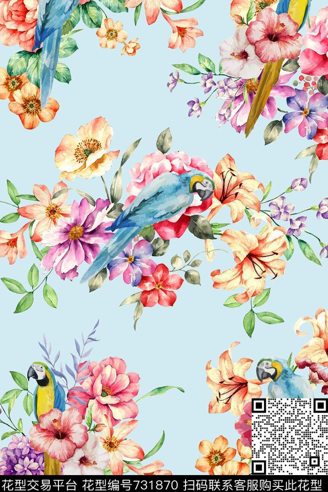 花卉鸟鹦鹉数码印花华亿平台下载（图片编号: 731870） - 瓦栏（Walan）