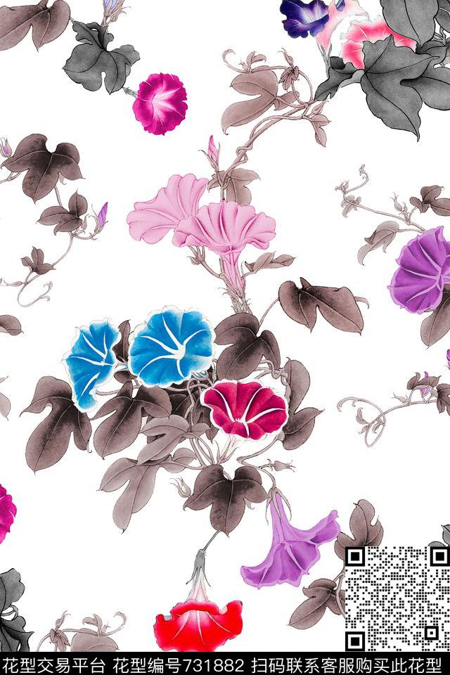 花朵花卉牵牛花数码印花华亿平台下载（图片编号: 731882） - 瓦栏（Walan）