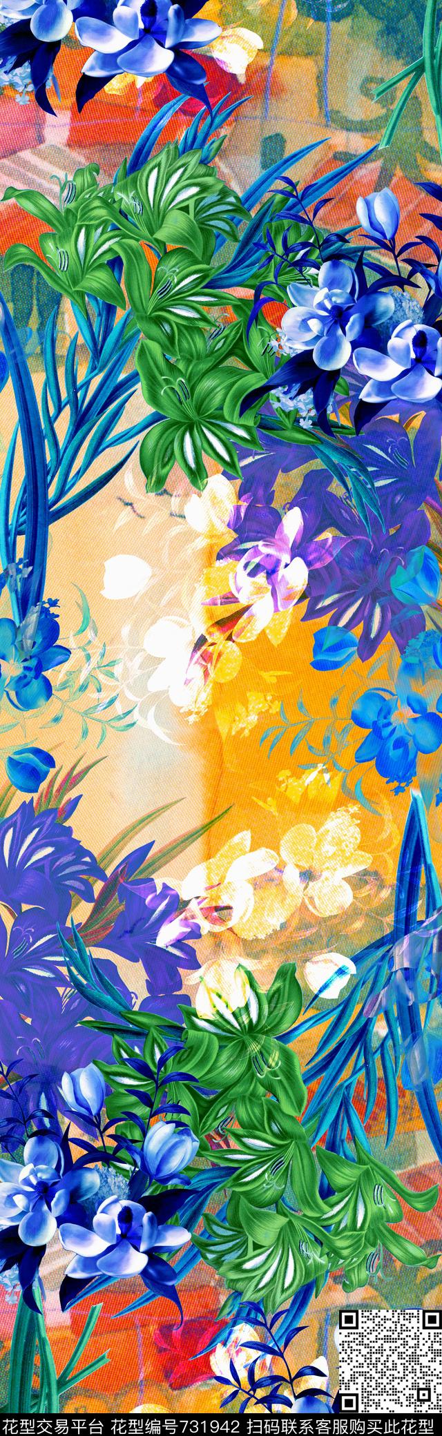 披肩长巾抽象花卉数码印花华亿平台下载（图片编号: 731942） - 瓦栏（Walan）