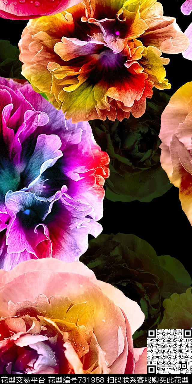 花卉大花黑底数码印花华亿平台下载（图片编号: 731988） - 瓦栏（Walan）