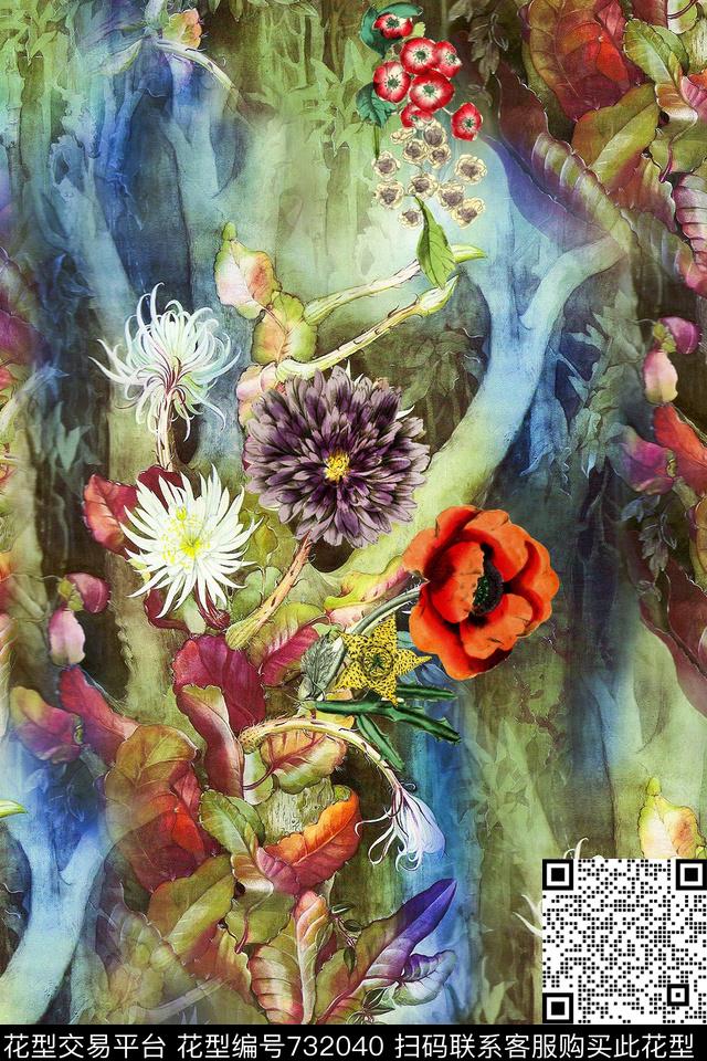 水彩花卉树枝数码印花华亿平台下载（图片编号: 732040） - 瓦栏（Walan）