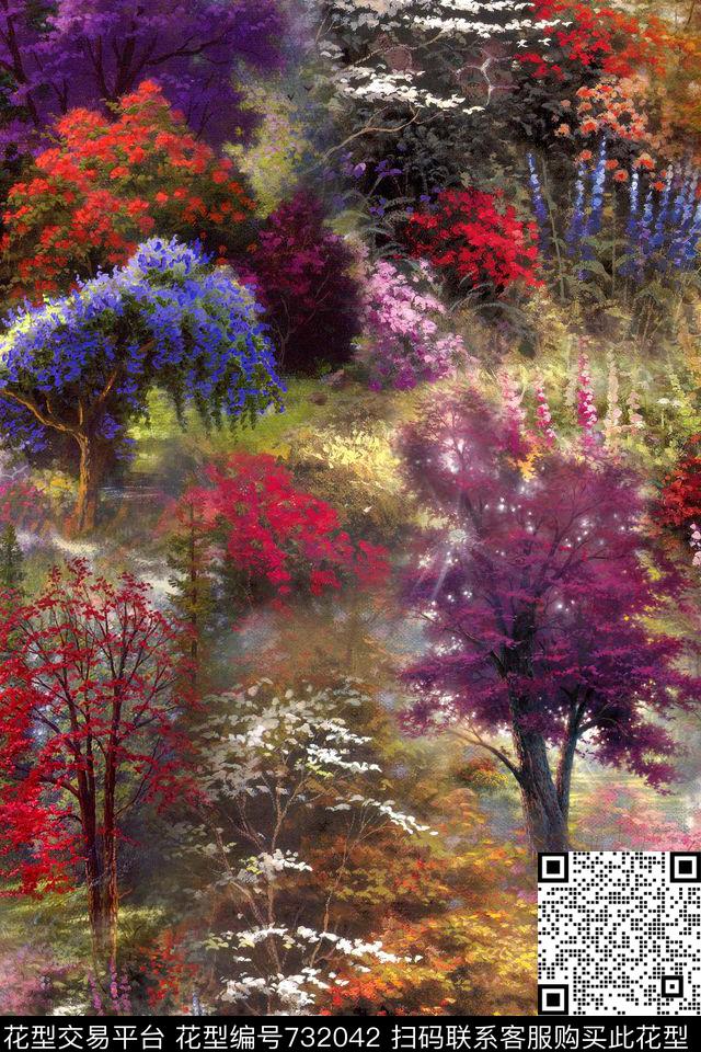 抽象油画树林数码印花华亿平台下载（图片编号: 732042） - 瓦栏（Walan）