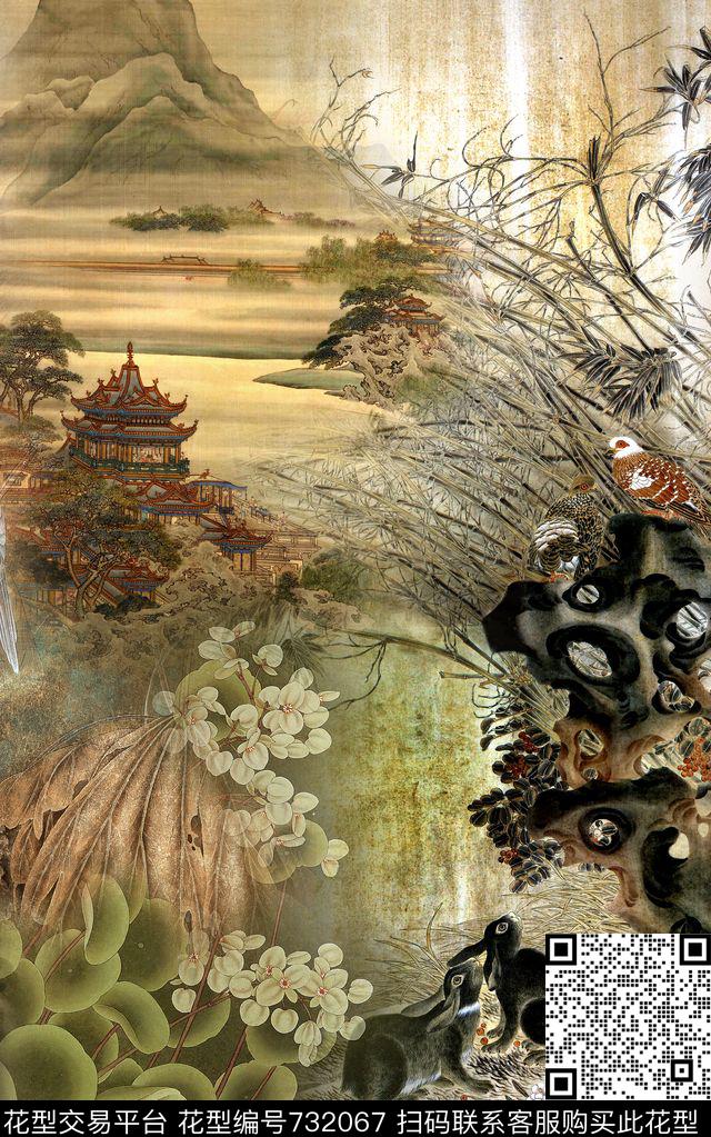 中国风手绘风景数码印花华亿平台下载（图片编号: 732067） - 瓦栏（Walan）
