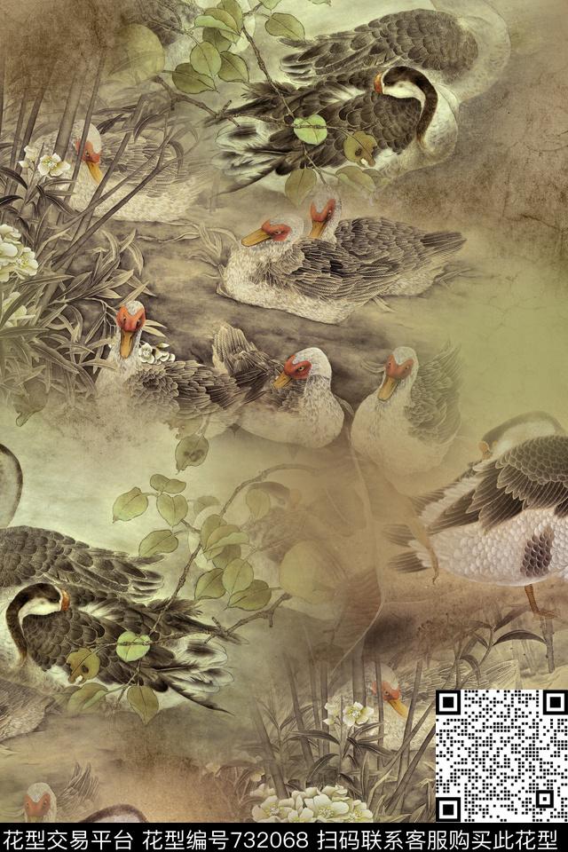 中国风动物鸭子数码印花华亿平台下载（图片编号: 732068） - 瓦栏（Walan）