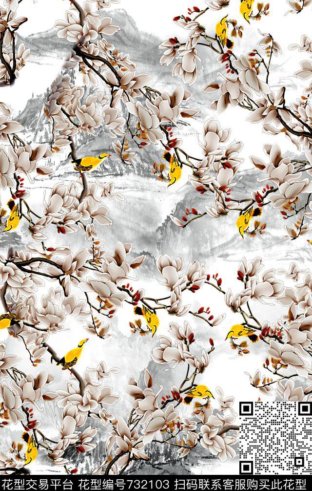 中国风女装玉兰花数码印花华亿平台下载（图片编号: 732103） - 瓦栏（Walan）
