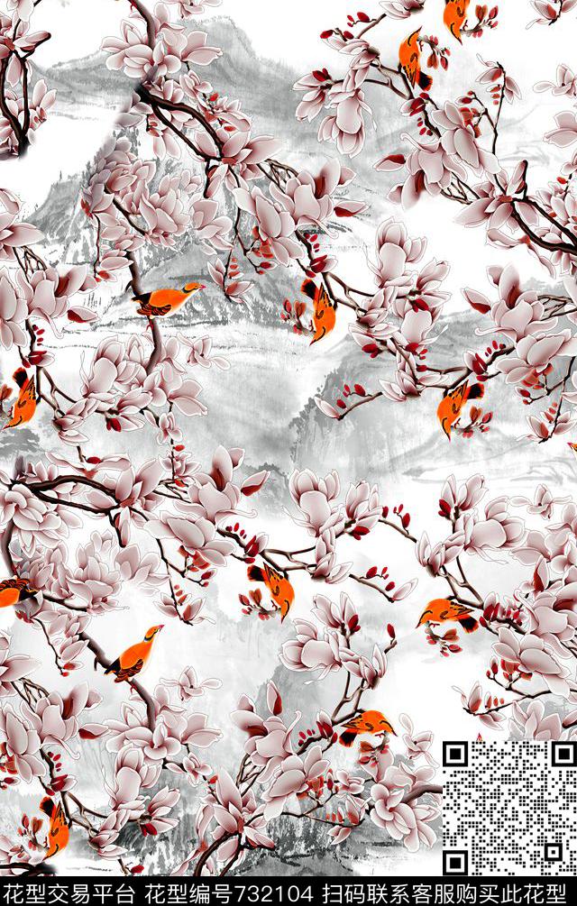 中国风女装玉兰花数码印花华亿平台下载（图片编号: 732104） - 瓦栏（Walan）