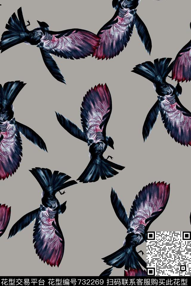 抽象手绘动物鸟数码印花时尚了男装满版夹克朦胧印花欧美复古大牌印花数码印花华亿平台下载（图片编号: 732269） - 瓦栏（Walan）