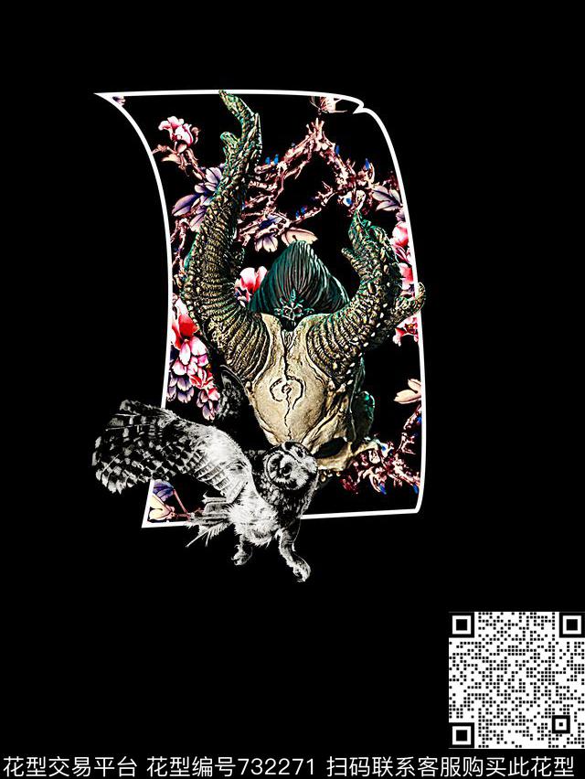 抽象手绘动物猫头鹰几何花卉数码印花时尚潮流男装T恤卫衣定位金属印花欧美复古大牌潮流印花数码印花华亿平台下载（图片编号: 732271） - 瓦栏（Walan）