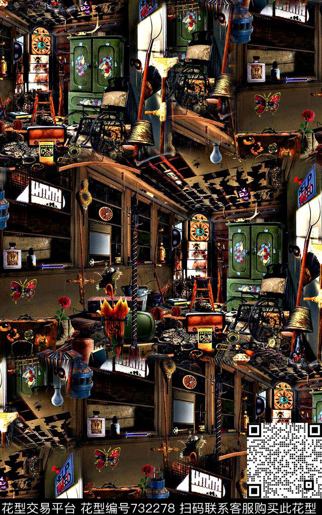 抽象手绘游戏家庭房子数码印花时尚了男装满版夹克朦胧印花欧美复古大牌印花数码印花华亿平台下载（图片编号: 732278） - 瓦栏（Walan）