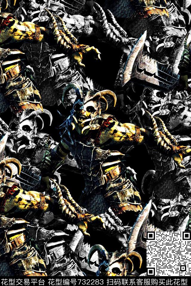 抽象手绘游戏人物剑数码印花时尚了男装满版夹克朦胧印花欧美复古大牌印花数码印花华亿平台下载（图片编号: 732283） - 瓦栏（Walan）