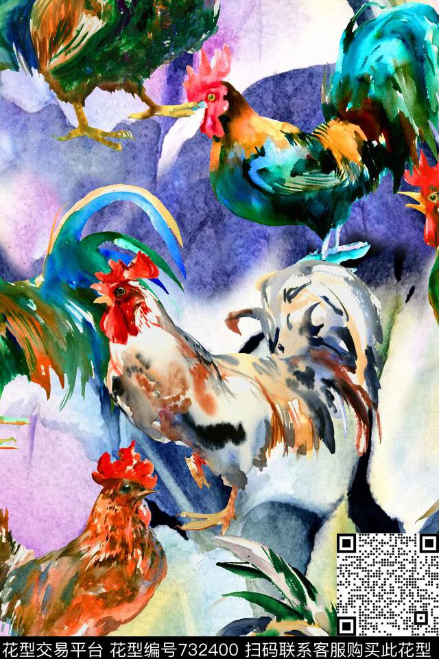 水彩树叶底纹大公鸡动物数码印花华亿平台下载（图片编号: 732400） - 瓦栏（Walan）