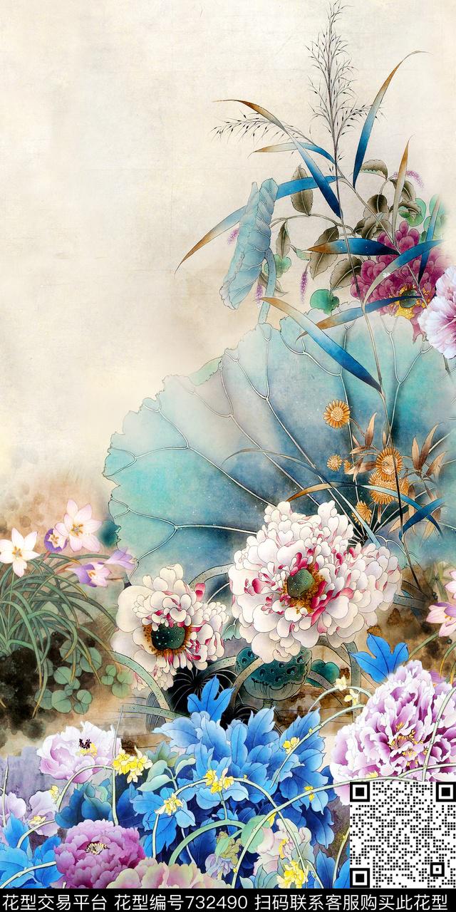 中国风国画荷花数码印花华亿平台下载（图片编号: 732490） - 瓦栏（Walan）