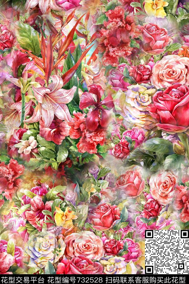 花朵玫瑰花卉数码印花华亿平台下载（图片编号: 732528） - 瓦栏（Walan）