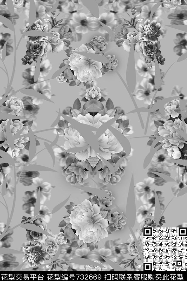 时尚大牌女装连衣裙VIP特区中国风牡丹花竹子国画数码印花华亿平台下载（图片编号: 732669） - 瓦栏（Walan）