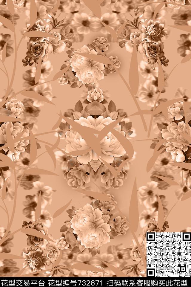 时尚大牌女装连衣裙VIP特区中国风牡丹花竹子国画数码印花华亿平台下载（图片编号: 732671） - 瓦栏（Walan）