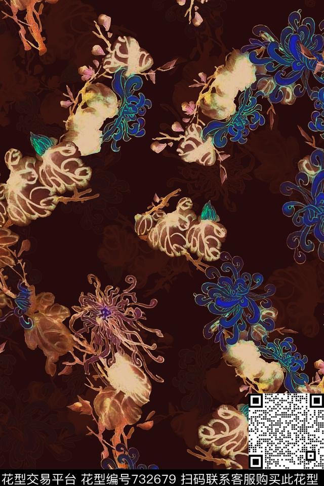 水墨花卉中国风素材花卉数码印花华亿平台下载（图片编号: 732679） - 瓦栏（Walan）