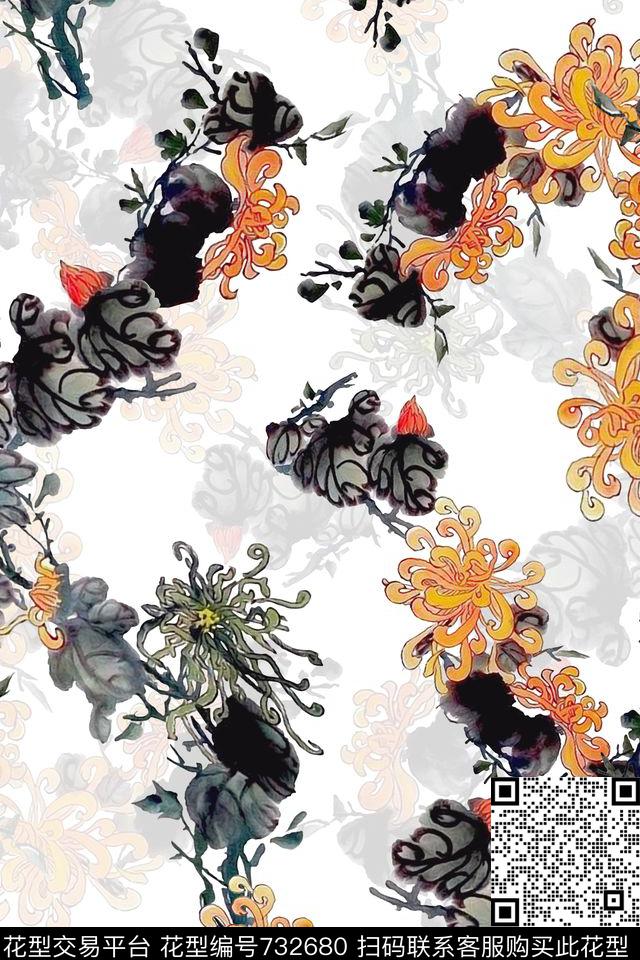 水墨花卉中国风素材花卉数码印花华亿平台下载（图片编号: 732680） - 瓦栏（Walan）